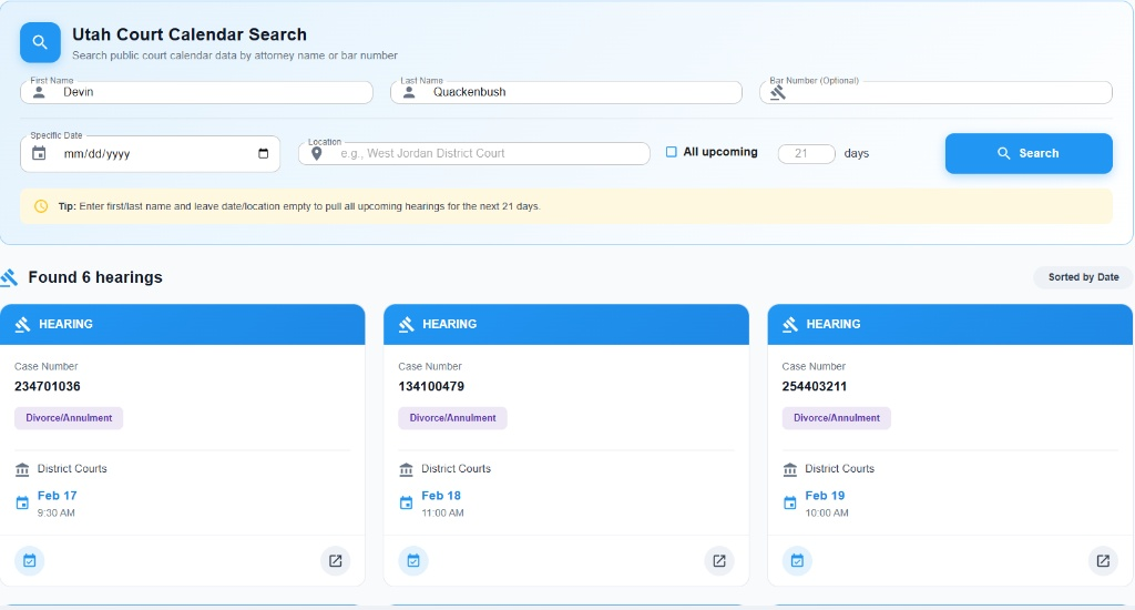 Upcoming Hearings Dashboard